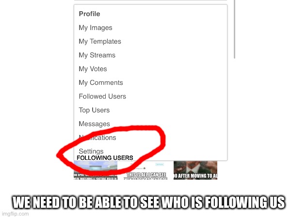 Why doesn’t this exist already | FOLLOWING USERS; WE NEED TO BE ABLE TO SEE WHO IS FOLLOWING US | image tagged in why | made w/ Imgflip meme maker
