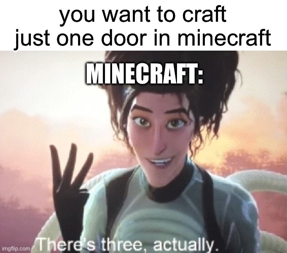 There's three, actually | you want to craft just one door in minecraft; MINECRAFT: | image tagged in there's three actually | made w/ Imgflip meme maker