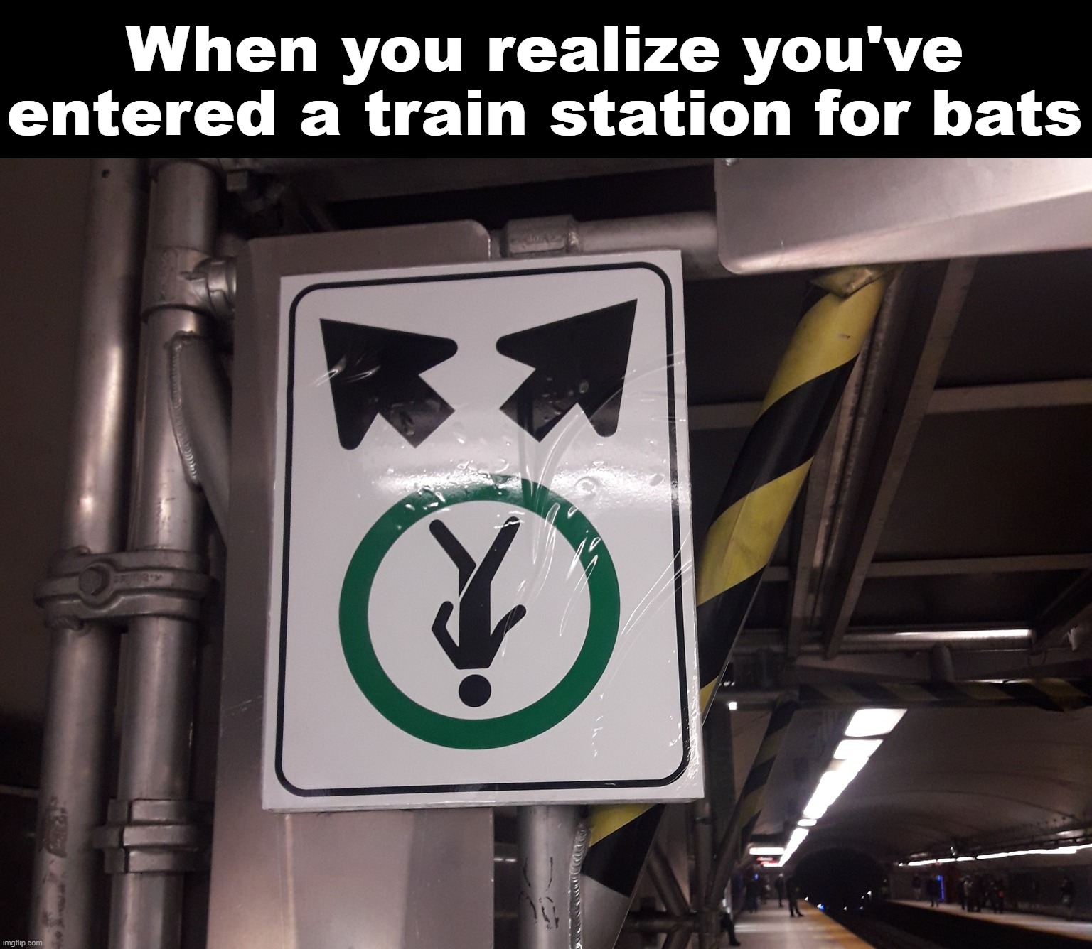 When you realize you've entered a train station for bats | image tagged in meme,memes,humor,signs,funny | made w/ Imgflip meme maker