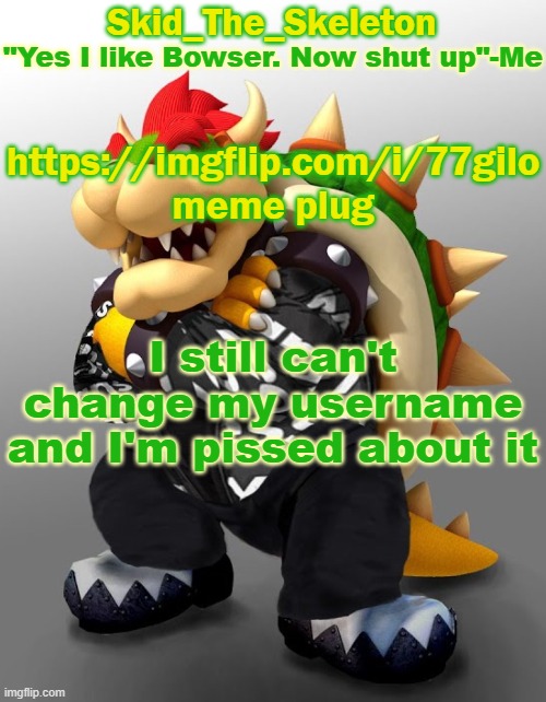 :/ | https://imgflip.com/i/77gilo meme plug; I still can't change my username and I'm pissed about it | image tagged in skid/toof's drip bowser temp | made w/ Imgflip meme maker