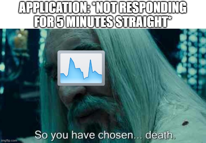 So you have chosen death | APPLICATION: *NOT RESPONDING FOR 5 MINUTES STRAIGHT* | image tagged in so you have chosen death | made w/ Imgflip meme maker