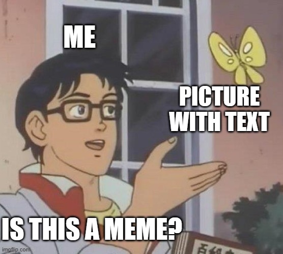 Is This A Pigeon Meme | ME; PICTURE WITH TEXT; IS THIS A MEME? | image tagged in memes,is this a pigeon | made w/ Imgflip meme maker