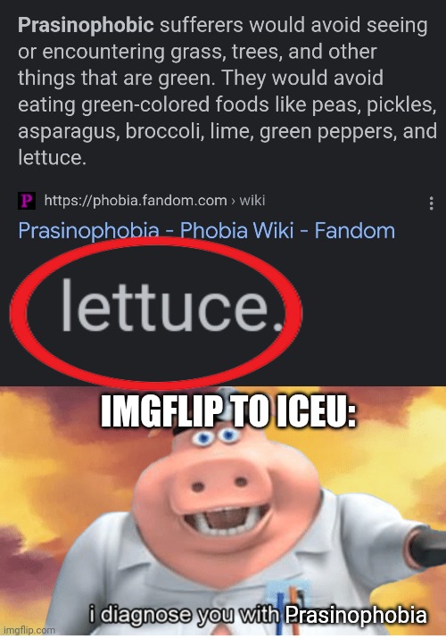 If ya know, ya know, and if you don't you're a new user |  IMGFLIP TO ICEU:; Prasinophobia | image tagged in i diagnose you with dead,lettuce | made w/ Imgflip meme maker