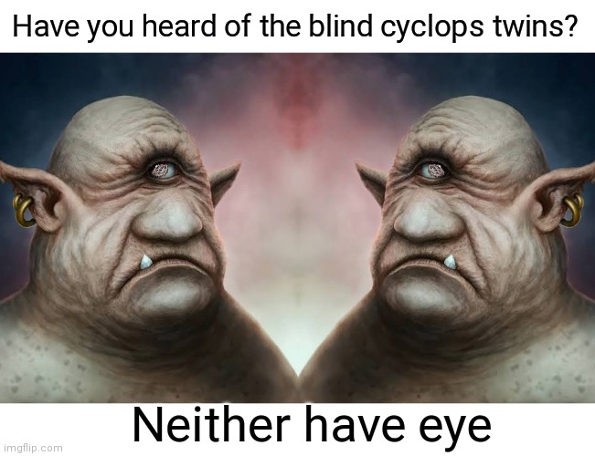 Cyclops Twins | Have you heard of the blind cyclops twins? Neither have eye | image tagged in dad joke,twins,cyclops | made w/ Imgflip meme maker