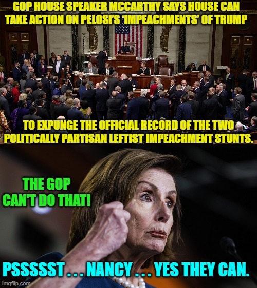 Ouch, eh? | GOP HOUSE SPEAKER MCCARTHY SAYS HOUSE CAN TAKE ACTION ON PELOSI’S ‘IMPEACHMENTS’ OF TRUMP; TO EXPUNGE THE OFFICIAL RECORD OF THE TWO POLITICALLY PARTISAN LEFTIST IMPEACHMENT STUNTS. THE GOP CAN'T DO THAT! PSSSSST . . . NANCY . . . YES THEY CAN. | image tagged in karma | made w/ Imgflip meme maker
