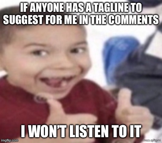 Nvm, AndrewFinlayson suggested a great tagline. | IF ANYONE HAS A TAGLINE TO SUGGEST FOR ME IN THE COMMENTS; I WON’T LISTEN TO IT | image tagged in stupid fucking kid | made w/ Imgflip meme maker