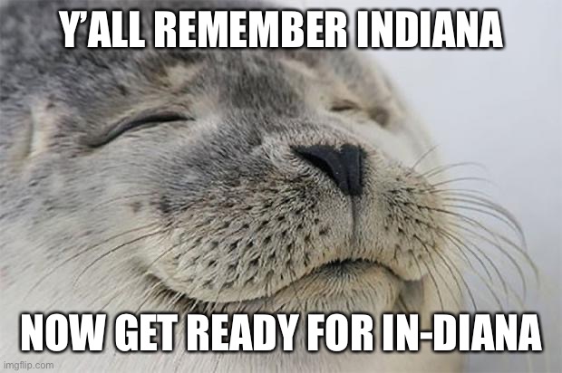 Sorry I’m bored | Y’ALL REMEMBER INDIANA; NOW GET READY FOR IN-DIANA | image tagged in memes,satisfied seal | made w/ Imgflip meme maker