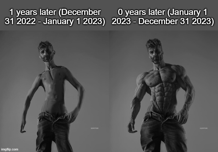 0 years later can be much longer than 1 years later | 1 years later (December 31 2022 - January 1 2023); 0 years later (January 1
2023 - December 31 2023) | image tagged in weak gigachad vs strong gigachad comparison | made w/ Imgflip meme maker