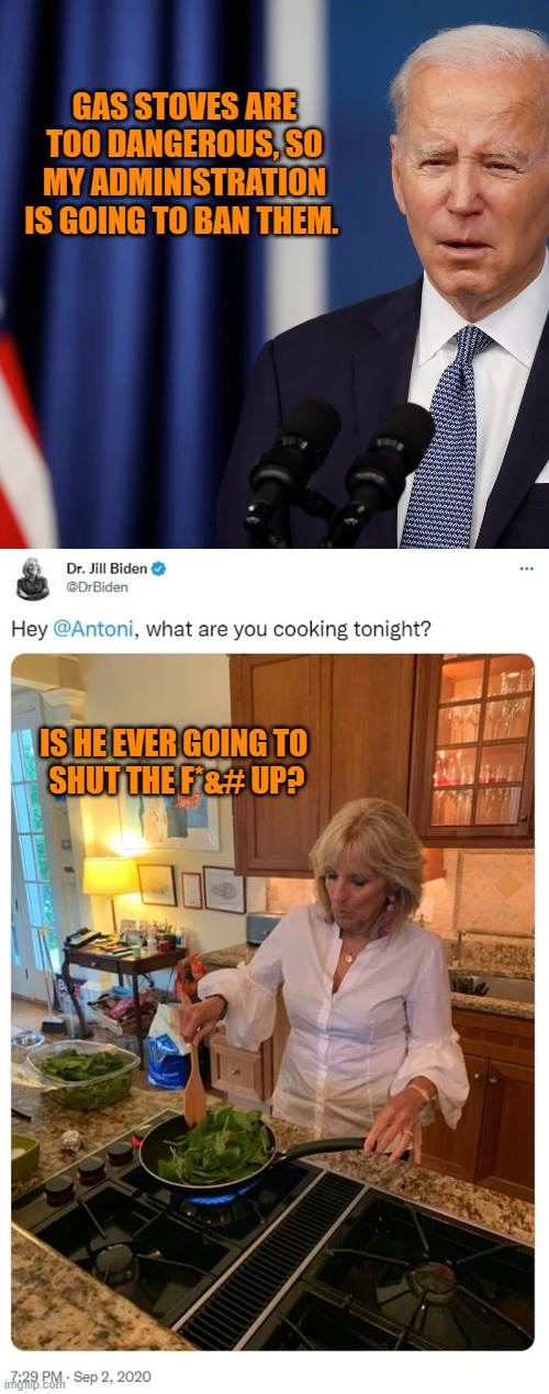 Gas Stoves Are Too Dangerous | GAS STOVES ARE TOO DANGEROUS, SO MY ADMINISTRATION IS GOING TO BAN THEM. IS HE EVER GOING TO 
SHUT THE F*&# UP? | image tagged in joe biden,jill biden,gas,gas stoves,cooking,restaurants | made w/ Imgflip meme maker