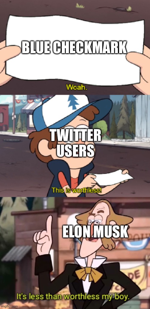 It's less than worthless, my boy. | BLUE CHECKMARK; TWITTER USERS; ELON MUSK | image tagged in it's less than worthless my boy,elon musk buying twitter,this is worthless | made w/ Imgflip meme maker