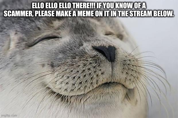 Please do. | ELLO ELLO ELLO THERE!!! IF YOU KNOW OF A SCAMMER, PLEASE MAKE A MEME ON IT IN THE STREAM BELOW. | image tagged in memes,satisfied seal | made w/ Imgflip meme maker