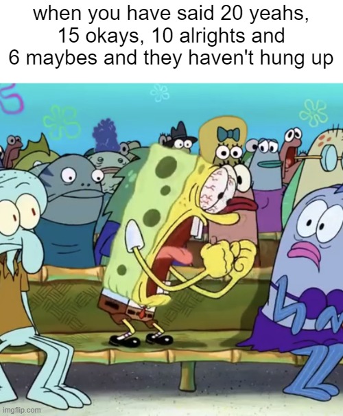 hang up already! | when you have said 20 yeahs, 15 okays, 10 alrights and 6 maybes and they haven't hung up | image tagged in spongebob yelling | made w/ Imgflip meme maker