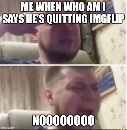 I don’t care go down in the comments and pay your respects for who am I. You can say I’m comment begging but I care just pay res | ME WHEN WHO AM I SAYS HE’S QUITTING IMGFLIP; NOOOOOOOO | image tagged in crying salute | made w/ Imgflip meme maker