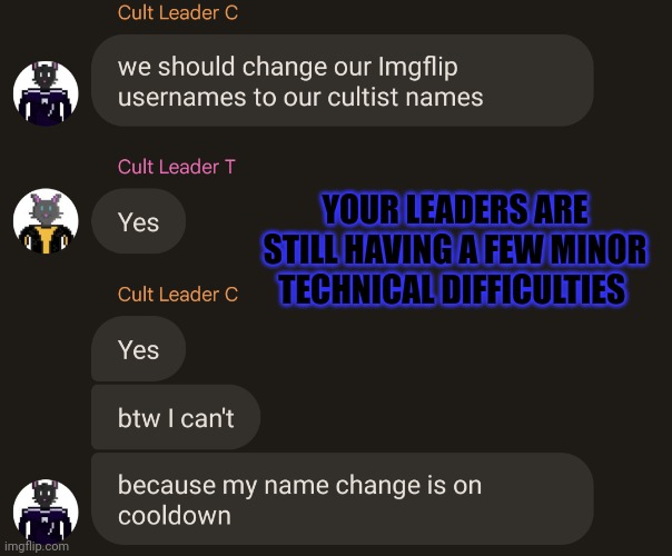 Minor technical difficulties | YOUR LEADERS ARE STILL HAVING A FEW MINOR TECHNICAL DIFFICULTIES | image tagged in cat scratch voodoo doll no birb sacrifices cult,technical difficulties | made w/ Imgflip meme maker