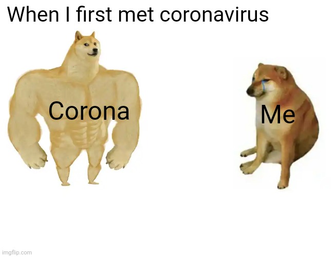 Buff Doge vs. Cheems | When I first met coronavirus; Corona; Me | image tagged in memes,buff doge vs cheems | made w/ Imgflip meme maker