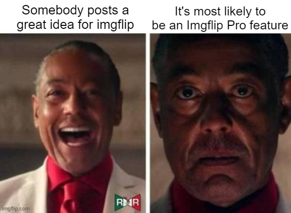 like- only 10% of users actually have pro lol | It's most likely to be an Imgflip Pro feature; Somebody posts a great idea for imgflip | image tagged in gus fring | made w/ Imgflip meme maker
