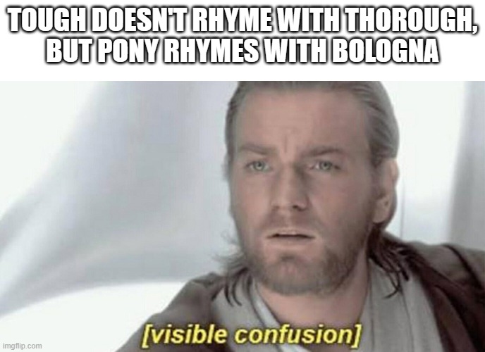 visible confusion | TOUGH DOESN'T RHYME WITH THOROUGH,
BUT PONY RHYMES WITH BOLOGNA | image tagged in visible confusion | made w/ Imgflip meme maker