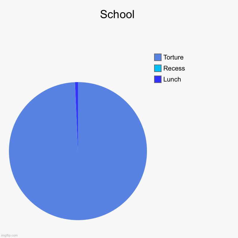 Basically School | School | Lunch, Recess, Torture | image tagged in charts,pie charts | made w/ Imgflip chart maker