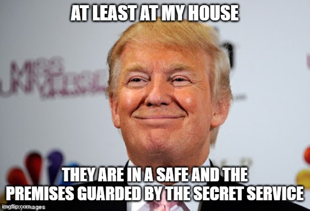 Donald trump approves | AT LEAST AT MY HOUSE THEY ARE IN A SAFE AND THE PREMISES GUARDED BY THE SECRET SERVICE | image tagged in donald trump approves | made w/ Imgflip meme maker