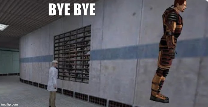 Gordon Freeman bunnyhopping | BYE BYE | image tagged in gordon freeman bunnyhopping | made w/ Imgflip meme maker