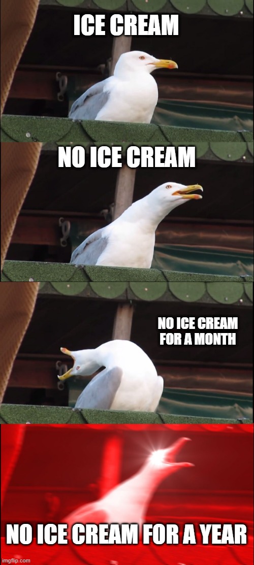 no ice cream? | ICE CREAM; NO ICE CREAM; NO ICE CREAM FOR A MONTH; NO ICE CREAM FOR A YEAR | image tagged in memes,inhaling seagull | made w/ Imgflip meme maker