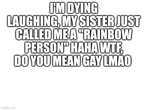 HAHAHA | I'M DYING LAUGHING, MY SISTER JUST CALLED ME A "RAINBOW PERSON" HAHA WTF, DO YOU MEAN GAY LMAO | image tagged in blank white template,hahahaha,gay | made w/ Imgflip meme maker