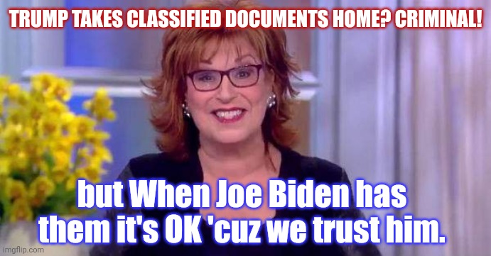 Ladies on The View know what to do. GET TRUMP! | TRUMP TAKES CLASSIFIED DOCUMENTS HOME? CRIMINAL! but When Joe Biden has them it's OK 'cuz we trust him. | image tagged in doj,the view,liberal logic,tds,double standards,justice league | made w/ Imgflip meme maker