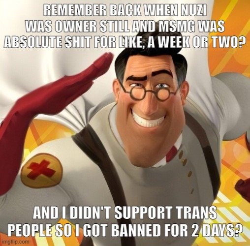 October was certainly something | REMEMBER BACK WHEN NUZI WAS OWNER STILL AND MSMG WAS ABSOLUTE SHIT FOR LIKE, A WEEK OR TWO? AND I DIDN'T SUPPORT TRANS PEOPLE SO I GOT BANNED FOR 2 DAYS? | image tagged in metromedic | made w/ Imgflip meme maker
