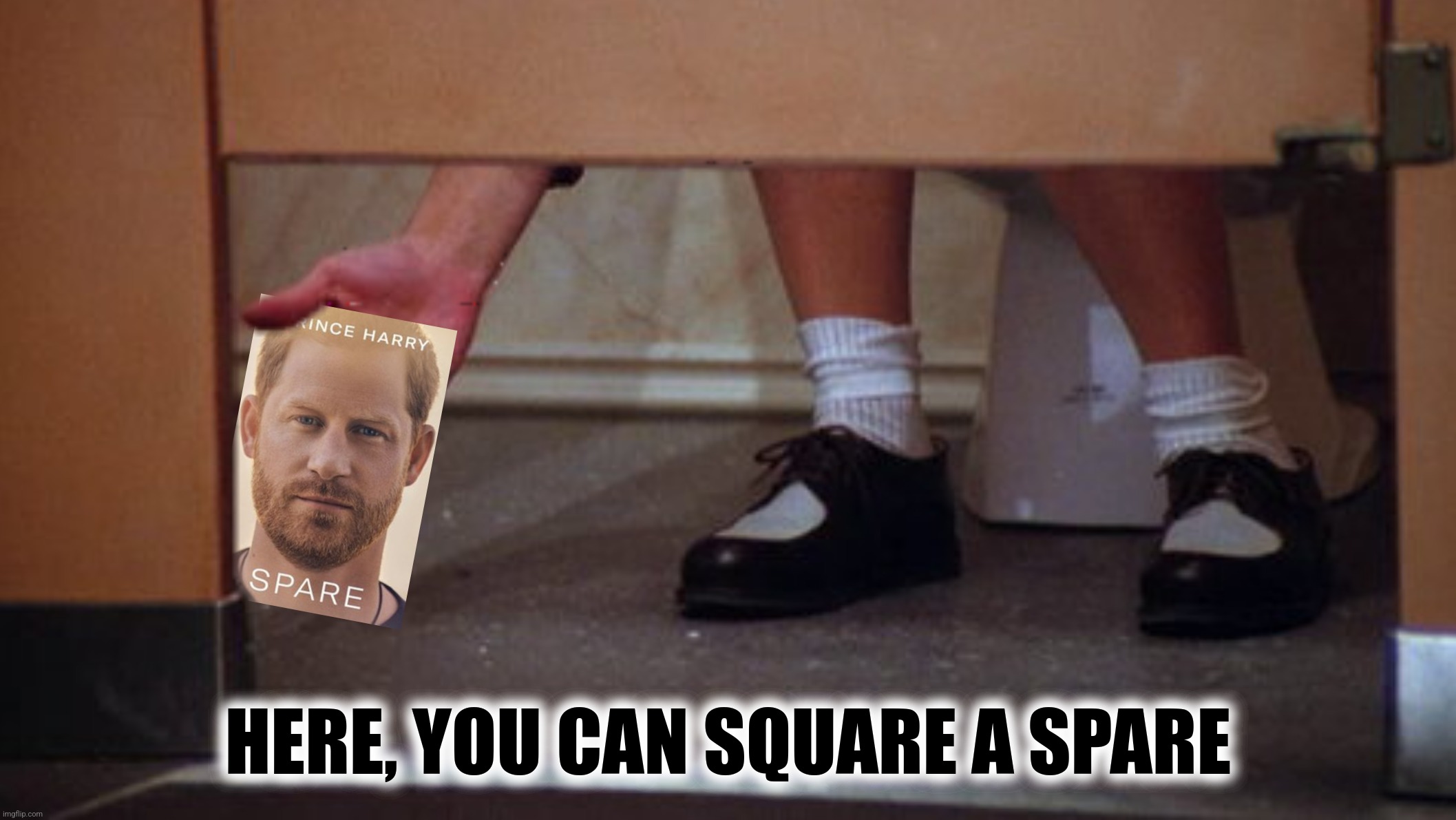 Bad Photoshop Sunday presents:  A wipe | HERE, YOU CAN SQUARE A SPARE | image tagged in bad photoshop sunday,seinfeld,prince harry,spare a square,spare | made w/ Imgflip meme maker