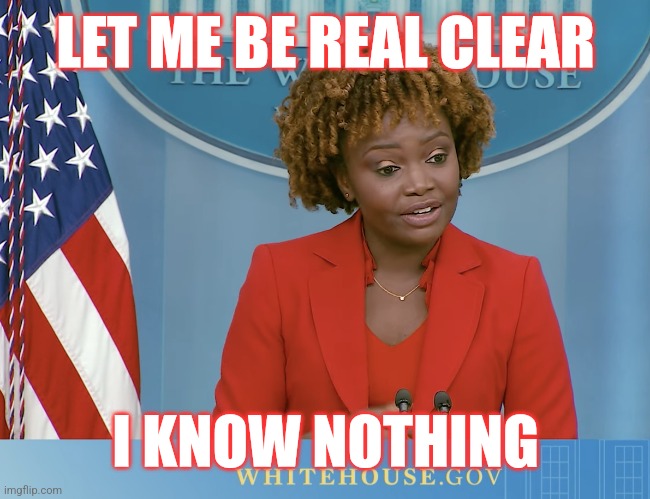 Karine the Puppet | LET ME BE REAL CLEAR; I KNOW NOTHING | image tagged in karine the puppet | made w/ Imgflip meme maker