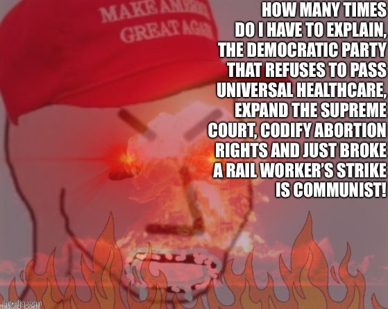 The Democrats are far-left, obviously | HOW MANY TIMES
DO I HAVE TO EXPLAIN,
THE DEMOCRATIC PARTY
THAT REFUSES TO PASS
UNIVERSAL HEALTHCARE,
EXPAND THE SUPREME
COURT, CODIFY ABORTION
RIGHTS AND JUST BROKE
A RAIL WORKER’S STRIKE
IS COMMUNIST! | image tagged in meltdown angry maga npc,communism,socialism,conservative logic,democratic party,democrats | made w/ Imgflip meme maker