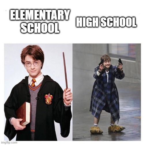 puberty. | ELEMENTARY SCHOOL; HIGH SCHOOL | image tagged in harry vs harry | made w/ Imgflip meme maker