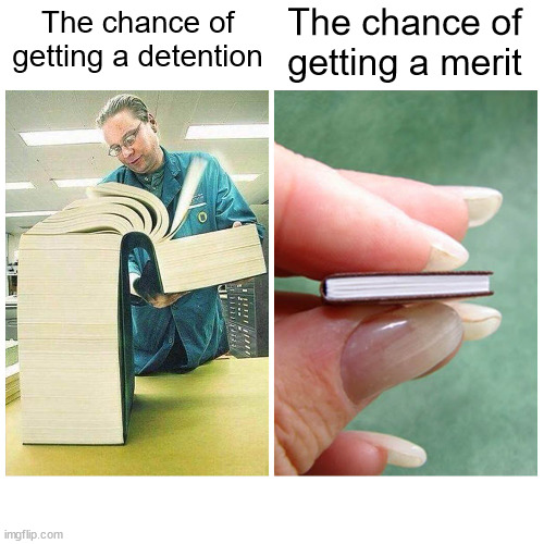 Big book vs Little Book | The chance of getting a merit; The chance of getting a detention | image tagged in big book vs little book | made w/ Imgflip meme maker