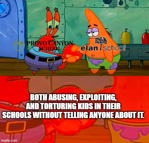 When both schools do the same abusement to students. | BOTH ABUSING, EXPLOITING, AND TORTURING KIDS IN THEIR SCHOOLS WITHOUT TELLING ANYONE ABOUT IT. | image tagged in mr krabs and patrick shaking hand | made w/ Imgflip meme maker