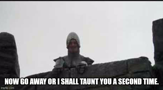 Monty Python French Taunter | NOW GO AWAY OR I SHALL TAUNT YOU A SECOND TIME. | image tagged in monty python french taunter | made w/ Imgflip meme maker