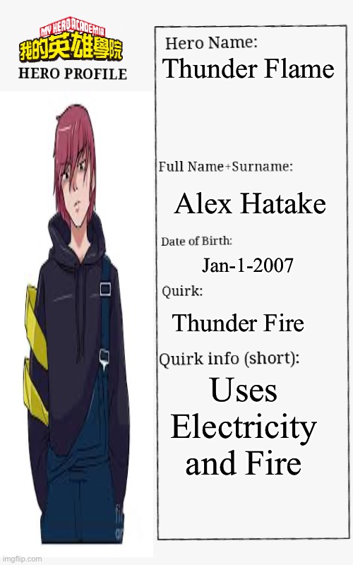 MHA Hero Profile | Thunder Flame; Alex Hatake; Jan-1-2007; Thunder Fire; Uses Electricity and Fire | image tagged in mha hero profile | made w/ Imgflip meme maker