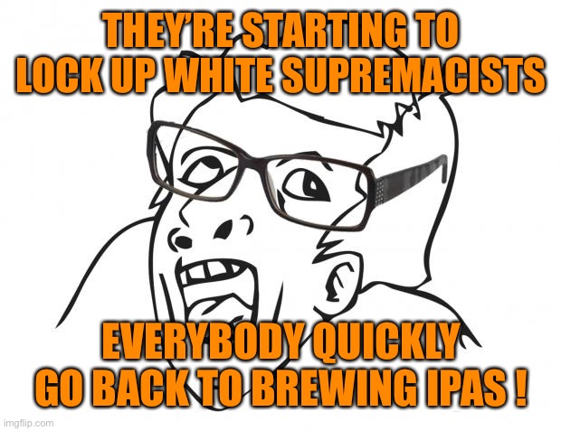 Hipster Genious | THEY’RE STARTING TO LOCK UP WHITE SUPREMACISTS; EVERYBODY QUICKLY GO BACK TO BREWING IPAS ! | image tagged in hipster genious | made w/ Imgflip meme maker