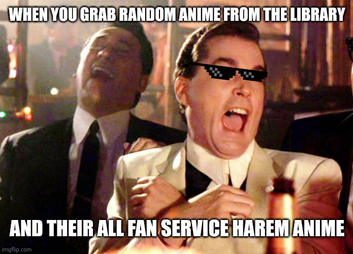 Big mistake | WHEN YOU GRAB RANDOM ANIME FROM THE LIBRARY; AND THEIR ALL FAN SERVICE HAREM ANIME | image tagged in memes,good fellas hilarious,fan service,harem,anime,library | made w/ Imgflip meme maker