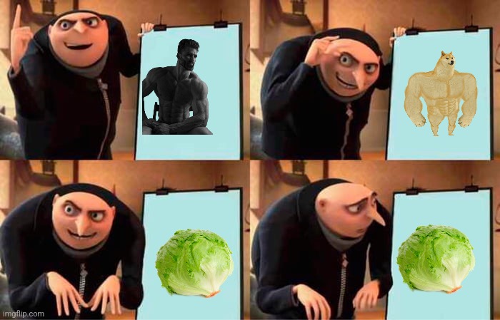 Why did lettuce get so popular? | image tagged in memes,gru's plan,lettuce,buff doge,giga chad | made w/ Imgflip meme maker