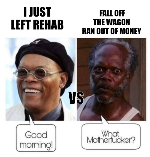 WHEN THINGS WILL NOT COME TOGETHER | FALL OFF THE WAGON RAN OUT OF MONEY; I JUST LEFT REHAB; VS | image tagged in samuel l jackson before after,funny meme | made w/ Imgflip meme maker