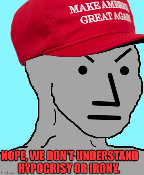 Angry NPC | NOPE, WE DON’T UNDERSTAND HYPOCRISY OR IRONY. | image tagged in angry npc | made w/ Imgflip meme maker