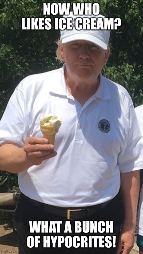 Trump Ice Cream | NOW WHO LIKES ICE CREAM? WHAT A BUNCH OF HYPOCRITES! | image tagged in trump ice cream | made w/ Imgflip meme maker