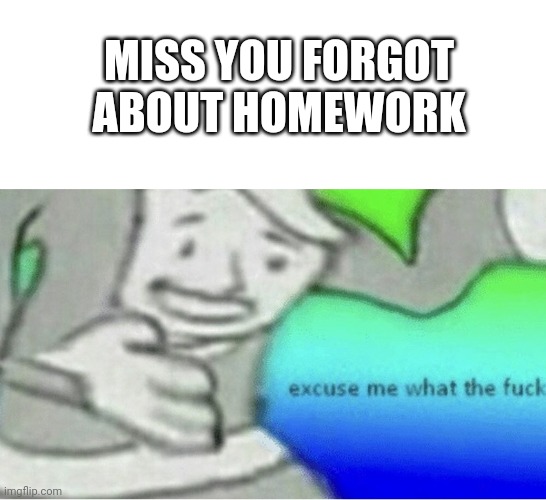 Excuse me wtf blank template | MISS YOU FORGOT ABOUT HOMEWORK | image tagged in excuse me wtf blank template | made w/ Imgflip meme maker