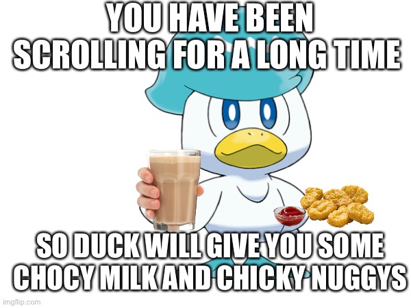 Duc | YOU HAVE BEEN SCROLLING FOR A LONG TIME; SO DUCK WILL GIVE YOU SOME CHOCY MILK AND CHICKY NUGGYS | image tagged in duck | made w/ Imgflip meme maker