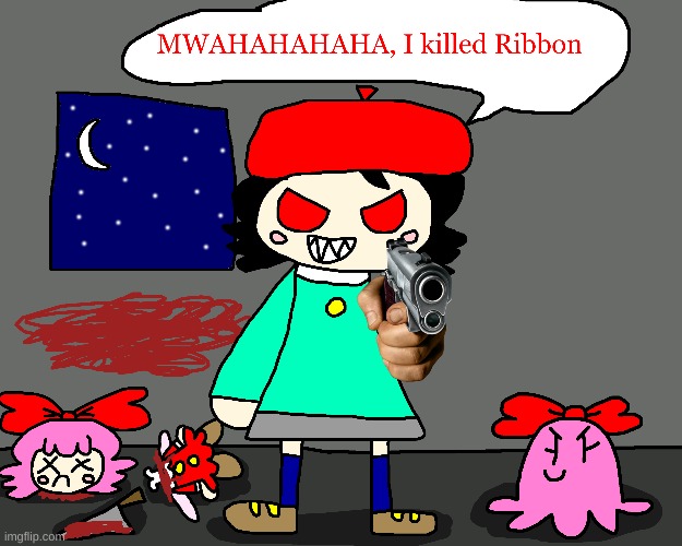 Adeleine and Chuchu killed Ribbon | image tagged in kirby,fanart,gore,blood,funny,cute | made w/ Imgflip meme maker