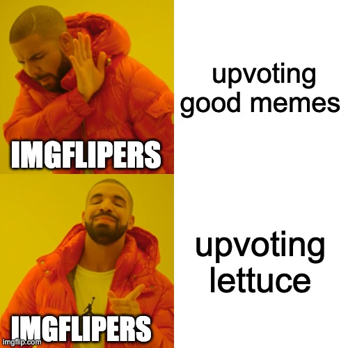 Drake Hotline Bling | upvoting good memes; IMGFLIPERS; upvoting lettuce; IMGFLIPERS | image tagged in memes,drake hotline bling | made w/ Imgflip meme maker