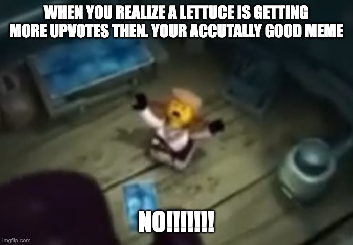 Zane nooooo | WHEN YOU REALIZE A LETTUCE IS GETTING MORE UPVOTES THEN. YOUR ACCUTALLY GOOD MEME; NO!!!!!!! | image tagged in zane nooooo | made w/ Imgflip meme maker