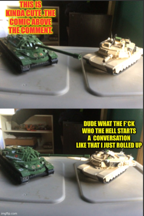 IS-7 and M1A2 Abrams conversation | THIS IS KINDA CUTE ,THE COMIC ABOVE THE COMMENT. | image tagged in is-7 and m1a2 abrams conversation | made w/ Imgflip meme maker