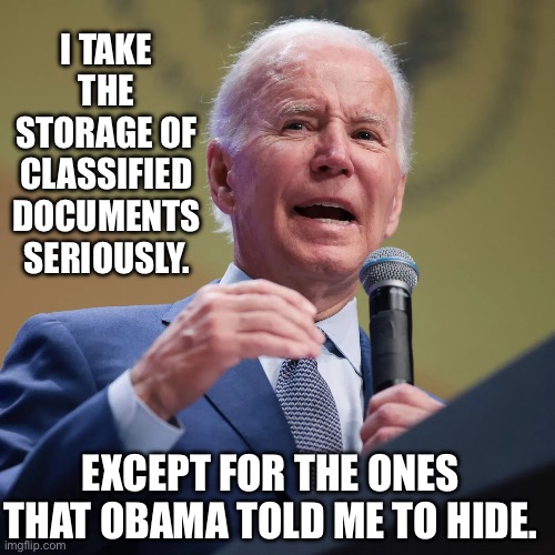 I TAKE THE STORAGE OF CLASSIFIED DOCUMENTS SERIOUSLY. EXCEPT FOR THE ONES THAT OBAMA TOLD ME TO HIDE. | made w/ Imgflip meme maker