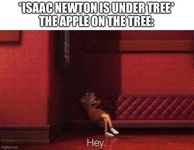 Hey. | *ISAAC NEWTON IS UNDER TREE*
THE APPLE ON THE TREE: | image tagged in hey | made w/ Imgflip meme maker
